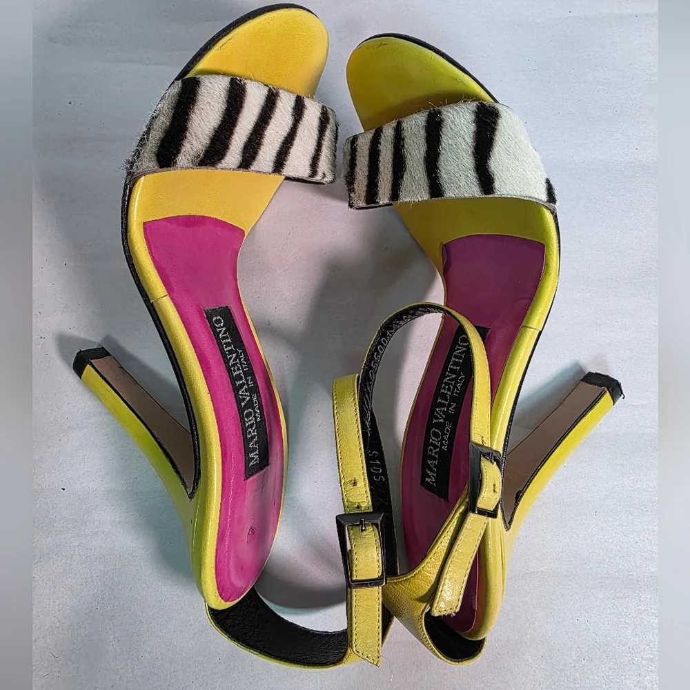Mario Valentino Italy Zebra Print Calf Hair & Lime Green Leather Heel Sandals